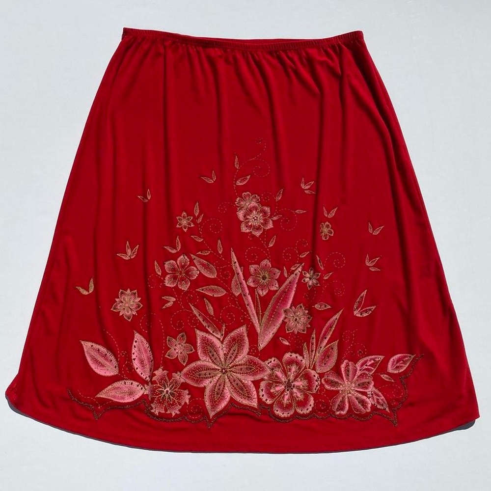 Vintage 90s Fashion Luna Red Floral Beaded Skirt Women's XL, 30" 2000s Spring